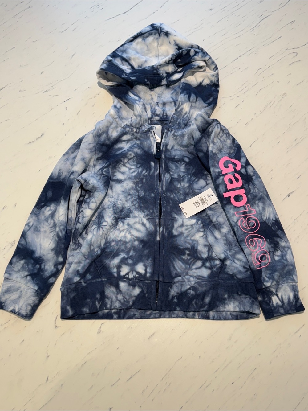 GAP Girls Tie-Dye Zip Hoodie - Navy, White, Pink Logo 4T NWT